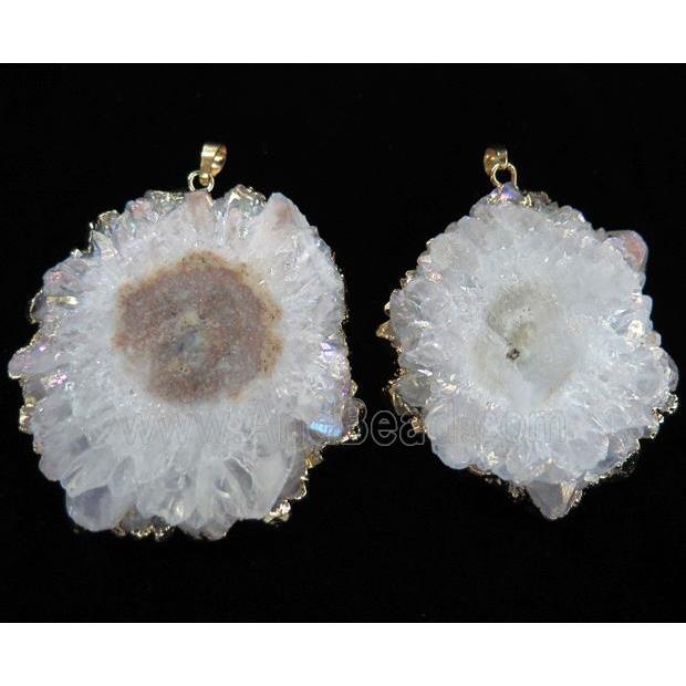 solar quartz druzy slice pendant, white AB-color, freeform, gold plated