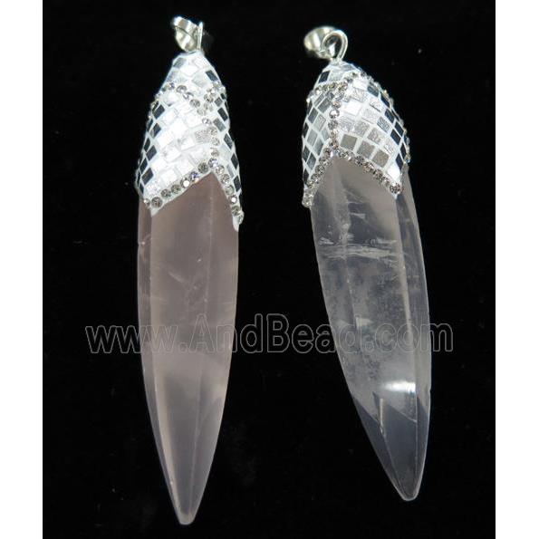 Rose Quartz Bullet Pendant Paved Silver Foil, rhinestone