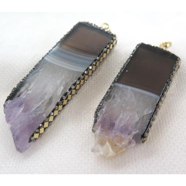 Amethyst rectangle pendant paved gold foil, rhinestone