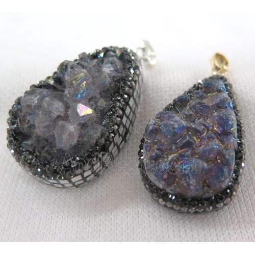 Amethyst druzy teardrop pendant paved foil, rhinestone