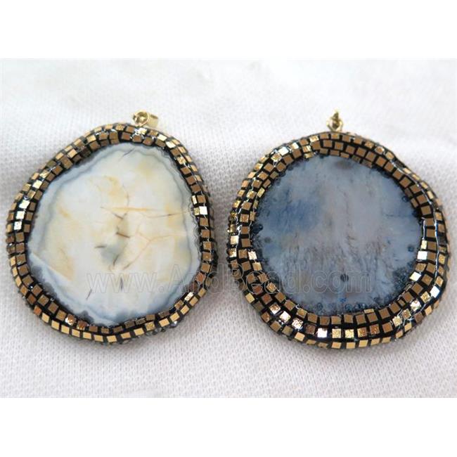 dragon veins agate slice pendant paved gold foil, rhinestone, mix color