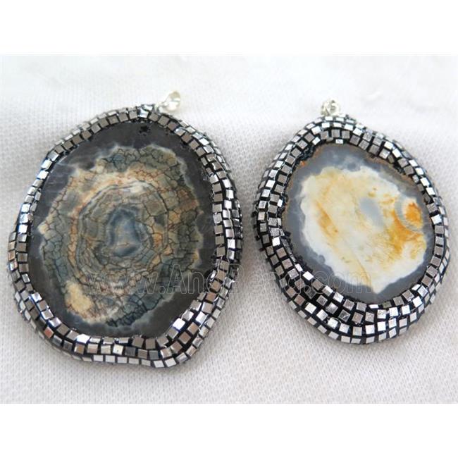 dragon veins agate slice pendant paved silver foil, rhinestone, mix color