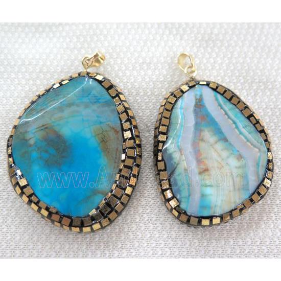 blue dragon veins agate pendant paved gold foil, rhinestone, faceted freeform