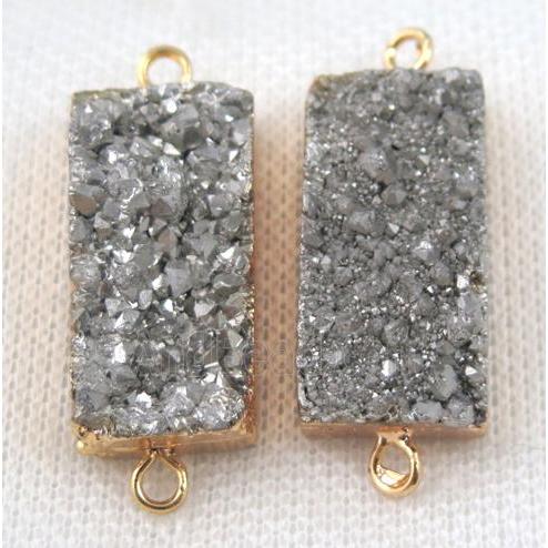 silver druzy quartz connector, rectangle, gold plated