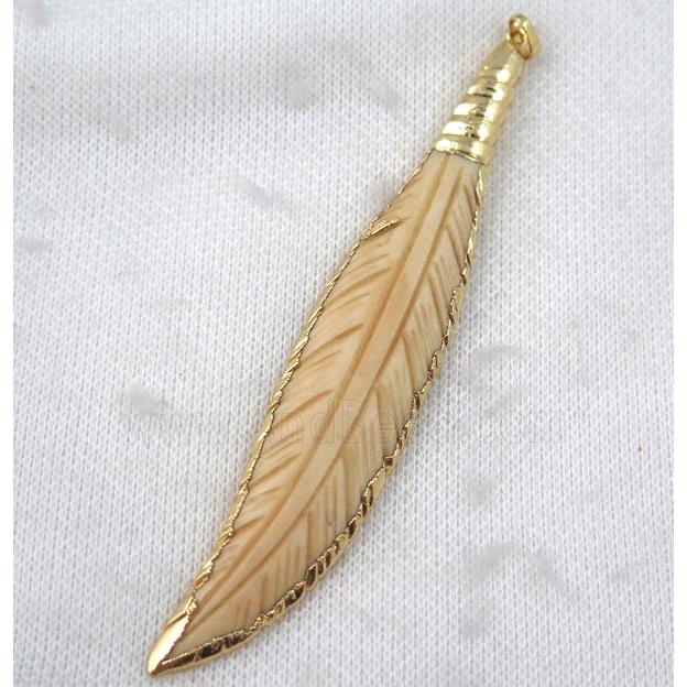 yellow cattle bone feather pendant, gold plated