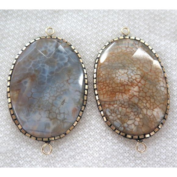 orange Dragon veins Agate connector pave gold foil, faceted oval