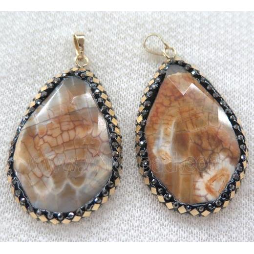 Dragon veins Agate pendant pave gold foil, faceted teardrop