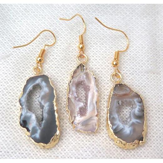 druzy agate Earring, freeform slice, gold plated