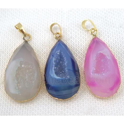 agate druzy pendant, mix color, faceted teardrop, gold plated