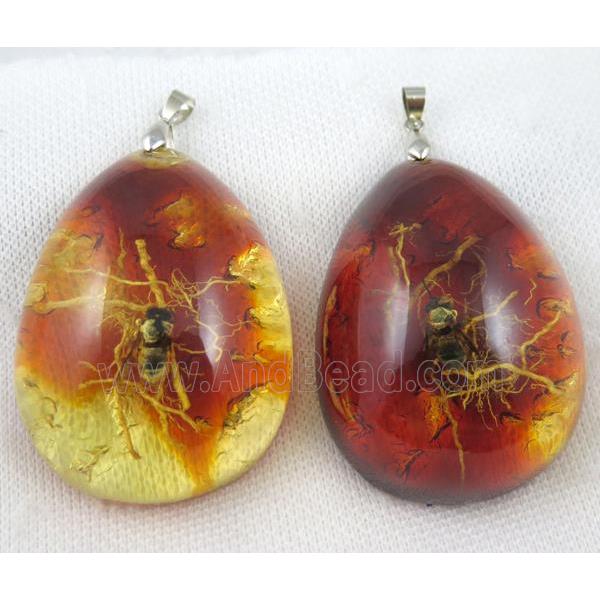 Amber teardrop pendant with bee, orange, NR