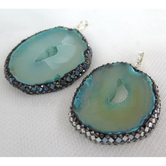 green agate druzy geode slice pendant paved foil, rhinestone, freeform