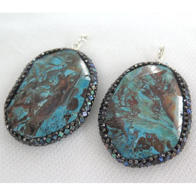 Ocean Jasper pendant Pave Abalone Shell Foil, rhinestone, faceted freeform, blue
