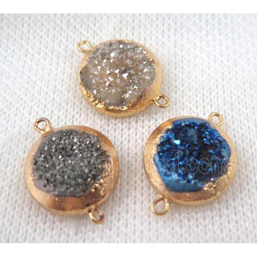 druzy quartz connector, mix color, flat round, gold plated