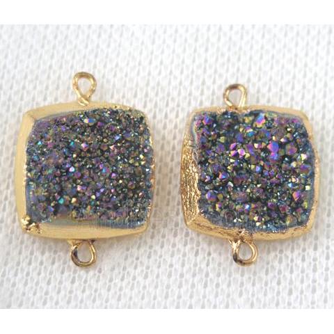 rainbow druzy quartz connector, square, gold plated
