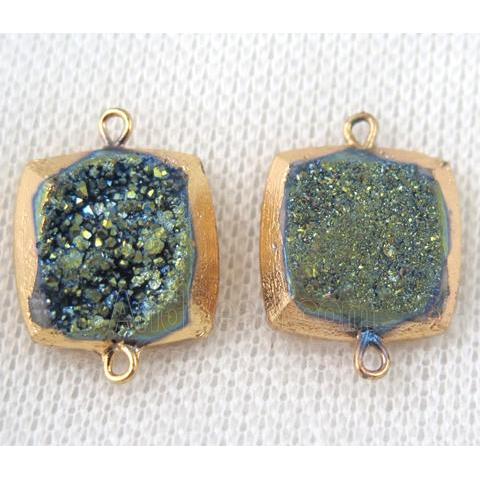 green druzy quartz connector, square, gold plated