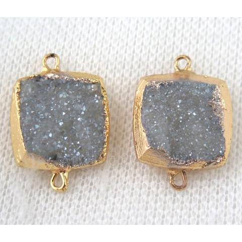 light blue-gray druzy quartz connector, square, gold plated