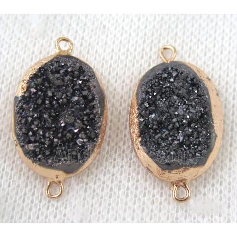 black druzy quartz connector, oval, gold plated