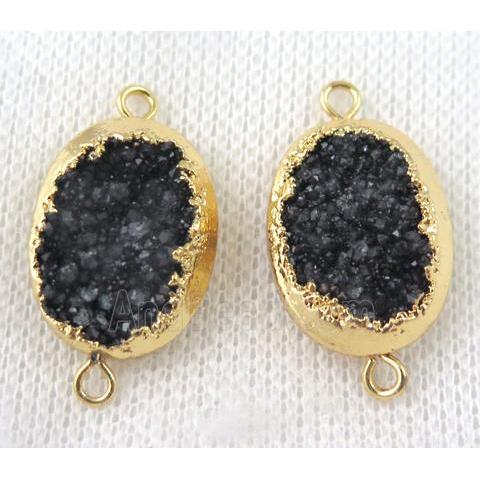 black druzy quartz connector, oval, gold plated