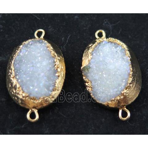 white AB-color druzy quartz connector, oval, gold plated