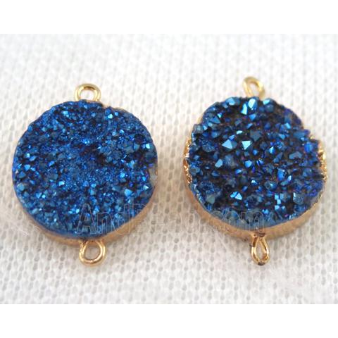 blue druzy quartz connector, flat round, gold plated