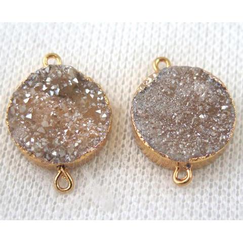 champagne druzy quartz connector, flat round, gold plated
