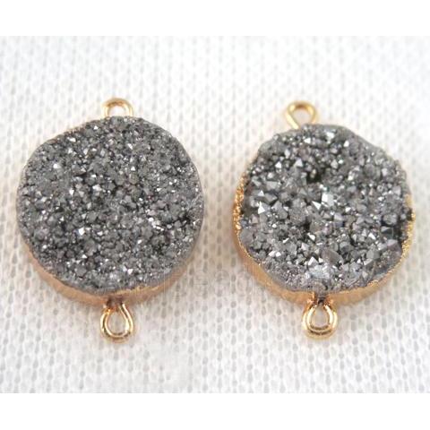 silver druzy quartz connector, flat round, gold plated