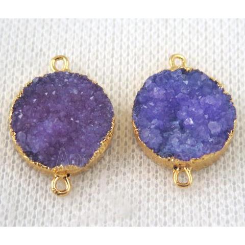 purple druzy quartz connector, flat round, gold plated