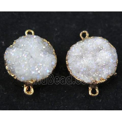 white AB-color druzy quartz connector, flat round, gold plated