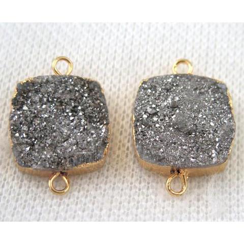 silver druzy quartz connector, square, gold plated