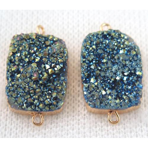 green druzy quartz connector, rectangle, gold plated