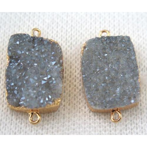 light blue-gray druzy quartz connector, rectangle, gold plated