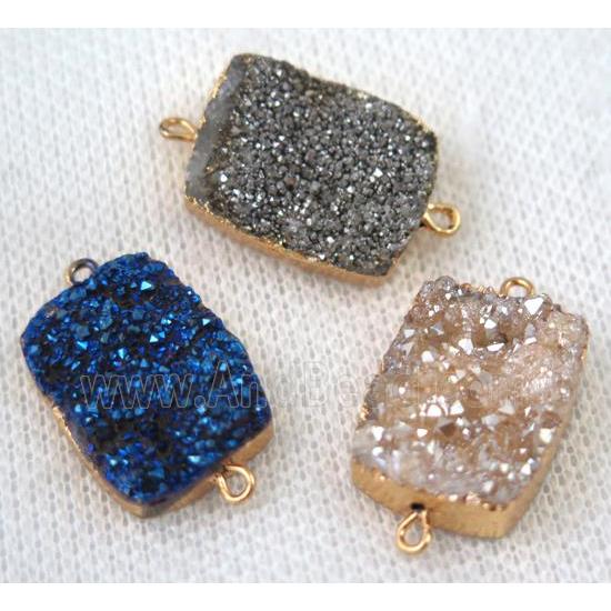 druzy quartz connector, mixed color, rectangle, gold plated