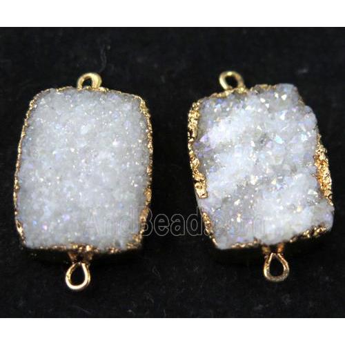 white AB-color druzy quartz connector, rectangle, gold plated
