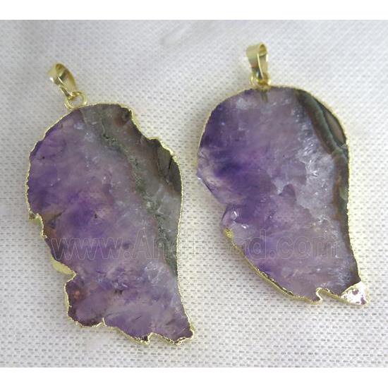 Amethyst pendant, purple, angel wing, gold plated
