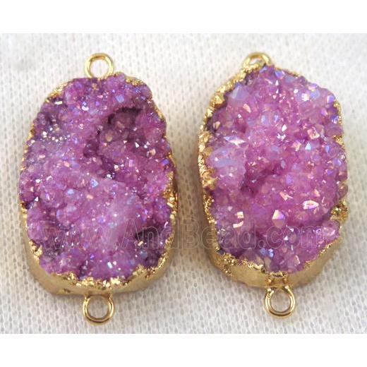 hotpink druzy quartz connector, AB color, freeform, gold plated