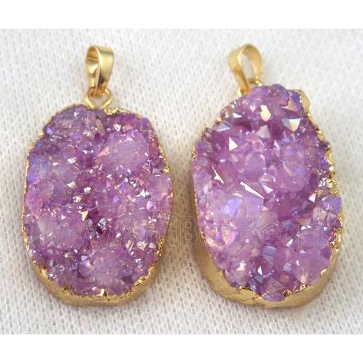 hotpink druzy quartz pendant, AB color, freeform, gold plated