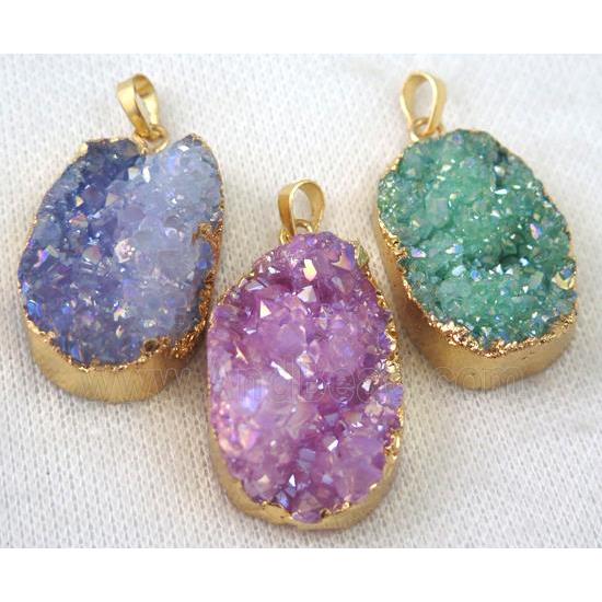 mix druzy quartz pendant, AB color, freeform, gold plated