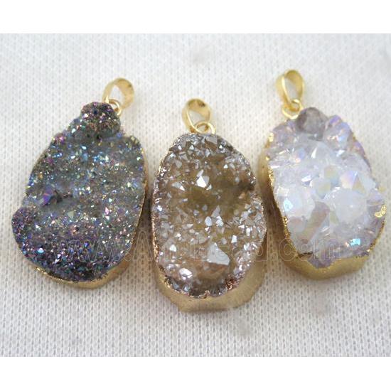 mix druzy quartz pendant, AB color, freeform, gold plated