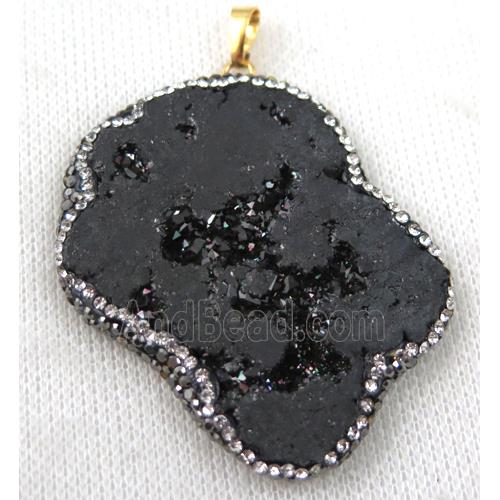 druzy agate slice pendant paved rhinestone, freeform, black plated