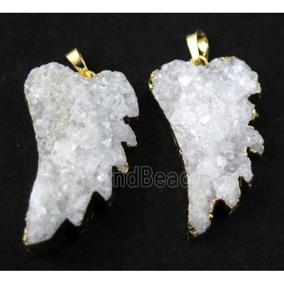 white druzy quartz pendant, angel wing, gold plated