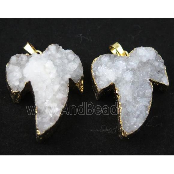 white druzy quartz pendant, shark-tooth shaped, gold plated