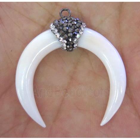 white shell crescent pendant paved rhinestone, horn