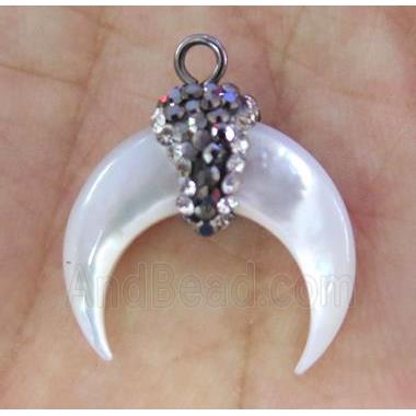 white pearl shell crescent pendant paved rhinestone, horn