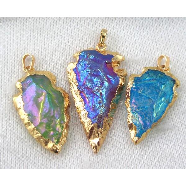 hammered Clear Quartz pendant, mix color, arrowhead, gold plated