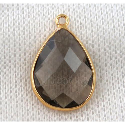 crystal glass pendant, teardrop, smoky, gold plated