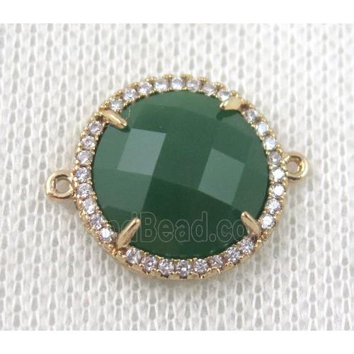 green crystal glass flat-round connector paved zircon, gold plated