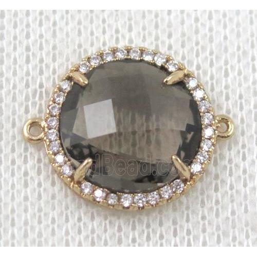 smoky crystal glass flat-round connector paved zircon, gold plated
