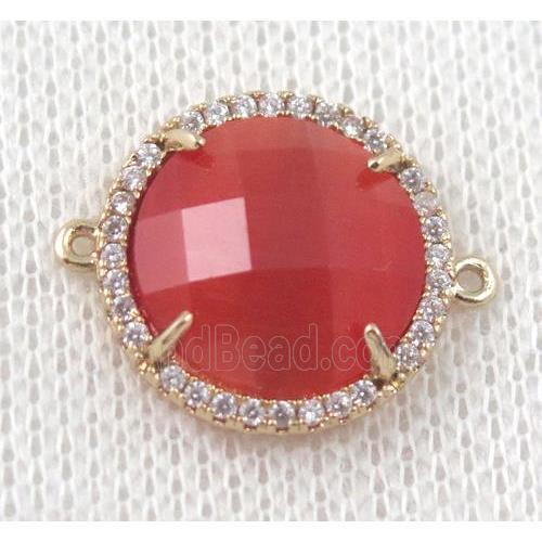 red crystal glass flat-round connector paved zircon, gold plated