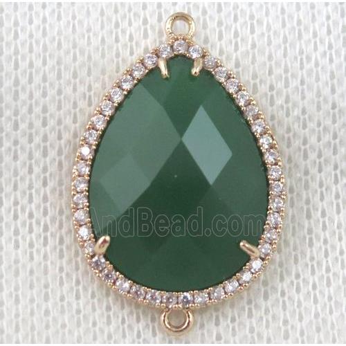 green crystal glass teardrop connector paved zircon, gold plated