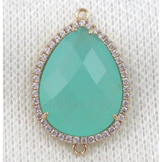 aqua crystal glass teardrop connector paved zircon, gold plated